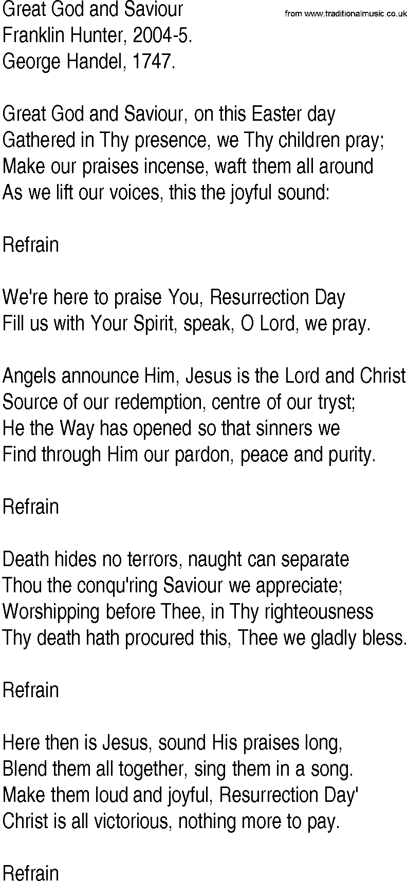 Hymn and Gospel Song: Great God and Saviour by Franklin Hunter lyrics