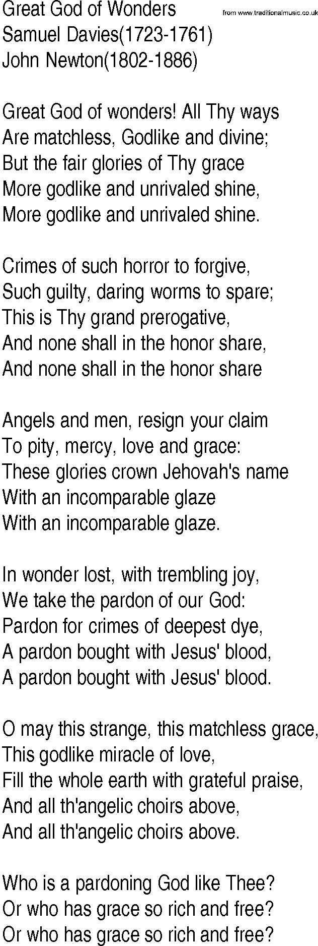Hymn and Gospel Song: Great God of Wonders by Samuel Davies lyrics
