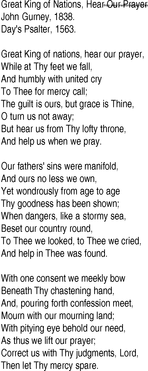 Hymn and Gospel Song: Great King of Nations, Hear Our Prayer by John Gurney lyrics