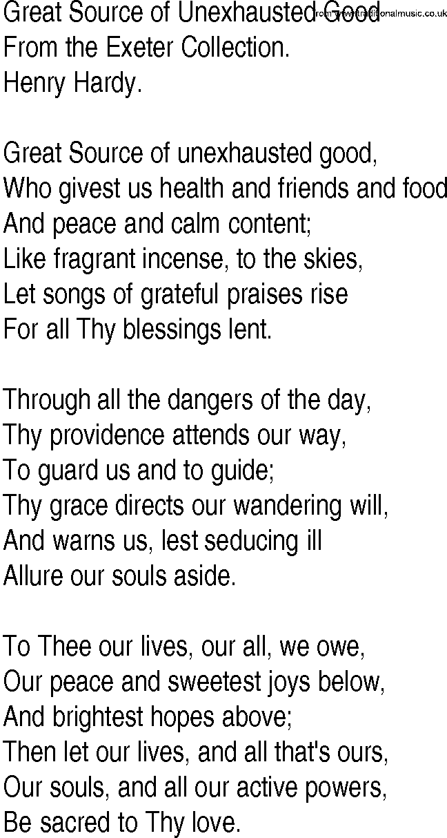 Hymn and Gospel Song: Great Source of Unexhausted Good by From the Exeter Collection lyrics