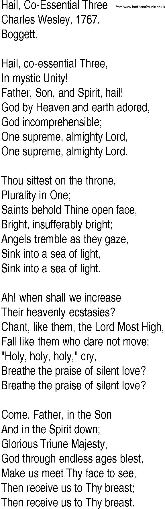 Hymn and Gospel Song: Hail, Co-Essential Three by Charles Wesley lyrics