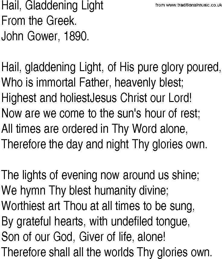 Hymn and Gospel Song: Hail, Gladdening Light by From the Greek lyrics