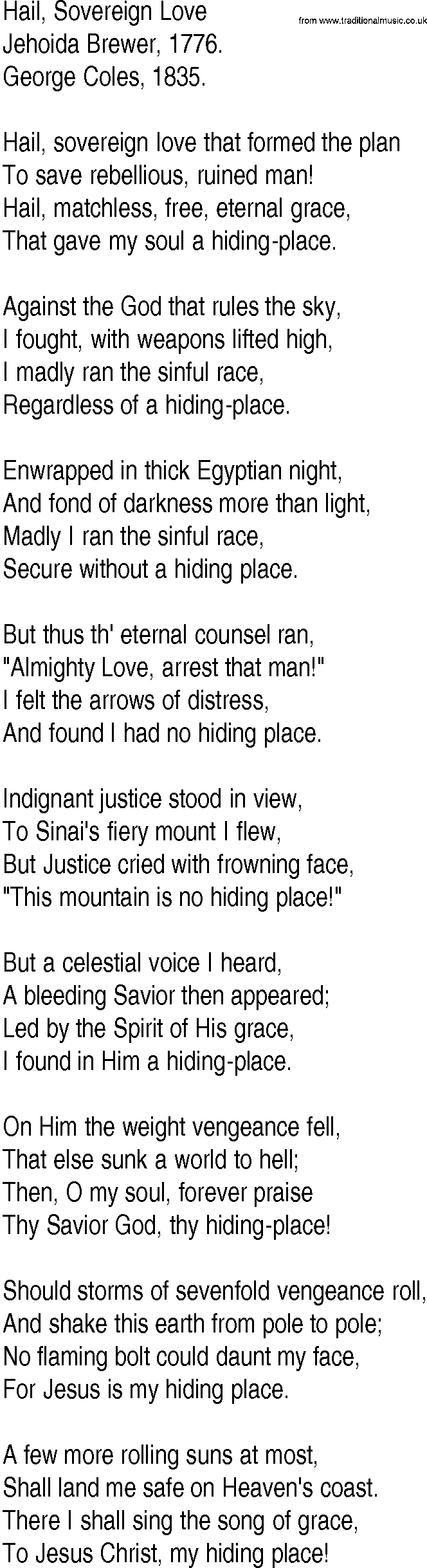 Hymn and Gospel Song: Hail, Sovereign Love by Jehoida Brewer lyrics