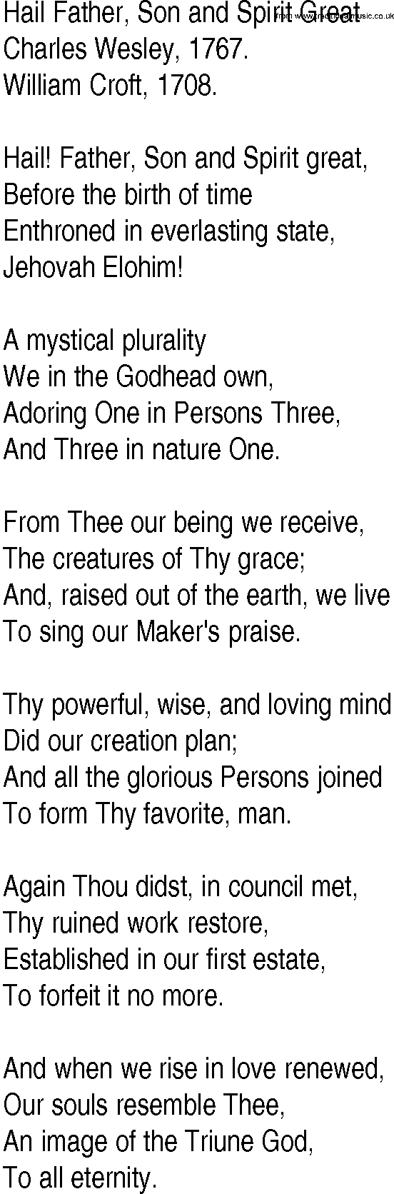 Hymn and Gospel Song: Hail Father, Son and Spirit Great by Charles Wesley lyrics