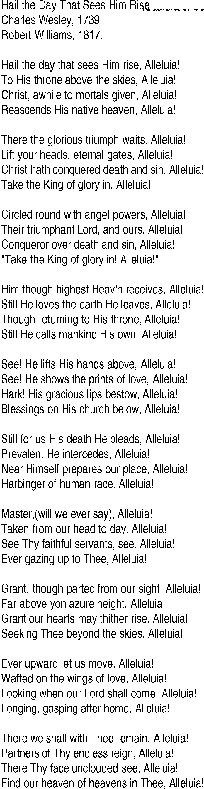 Hymn and Gospel Song: Hail the Day That Sees Him Rise by Charles Wesley lyrics