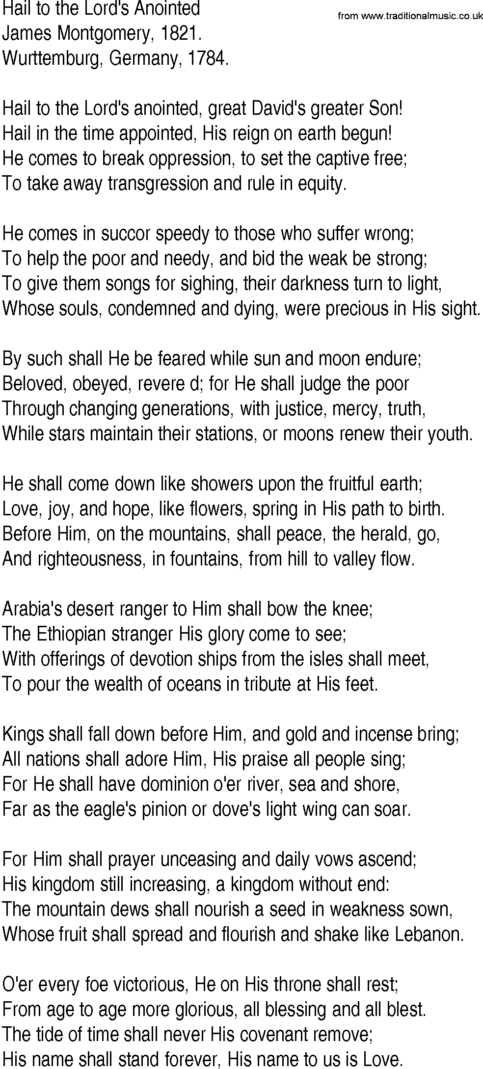 Hymn and Gospel Song: Hail to the Lord's Anointed by James Montgomery lyrics