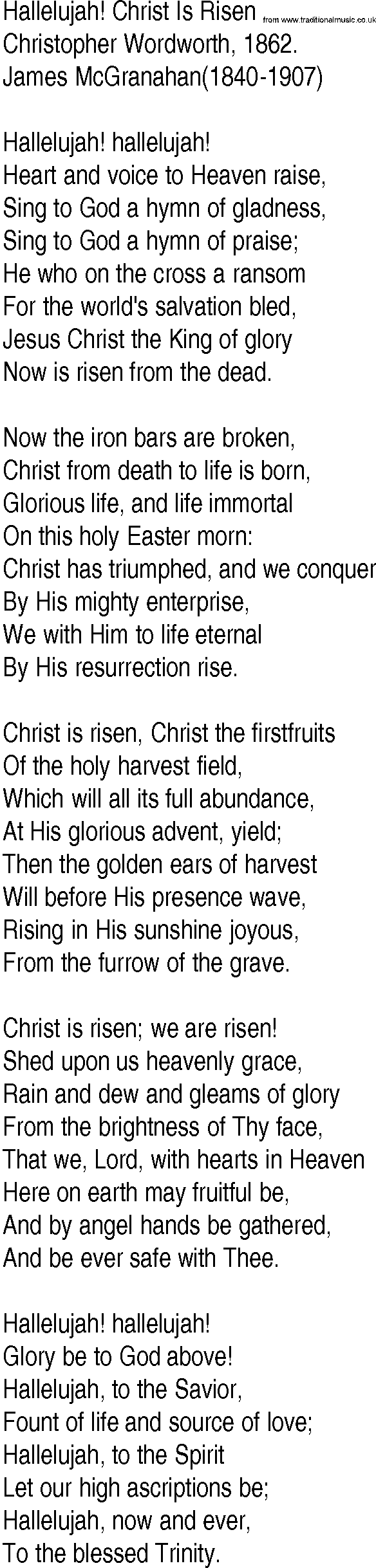 Hymn and Gospel Song: Hallelujah! Christ Is Risen by Christopher Wordworth lyrics