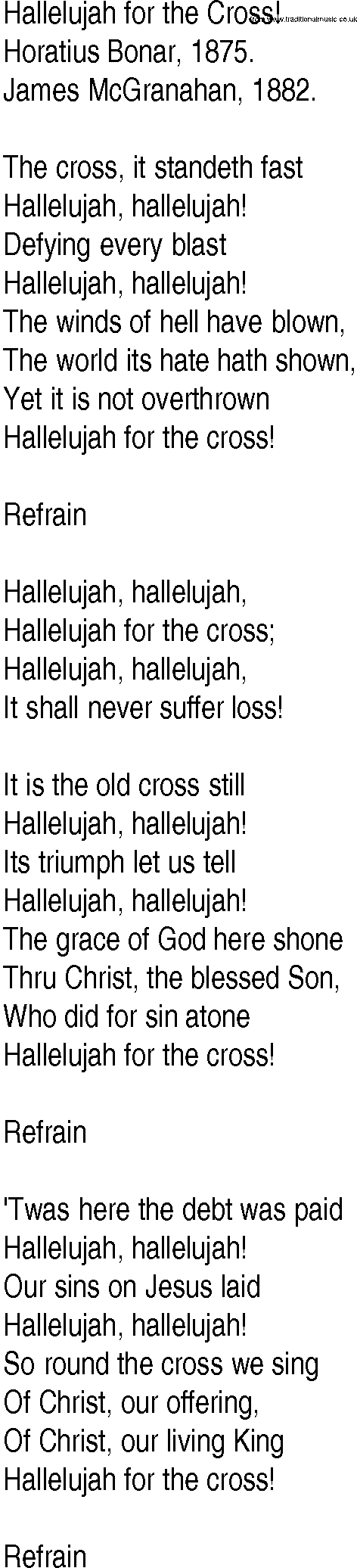 Hymn and Gospel Song: Hallelujah for the Cross! by Horatius Bonar lyrics