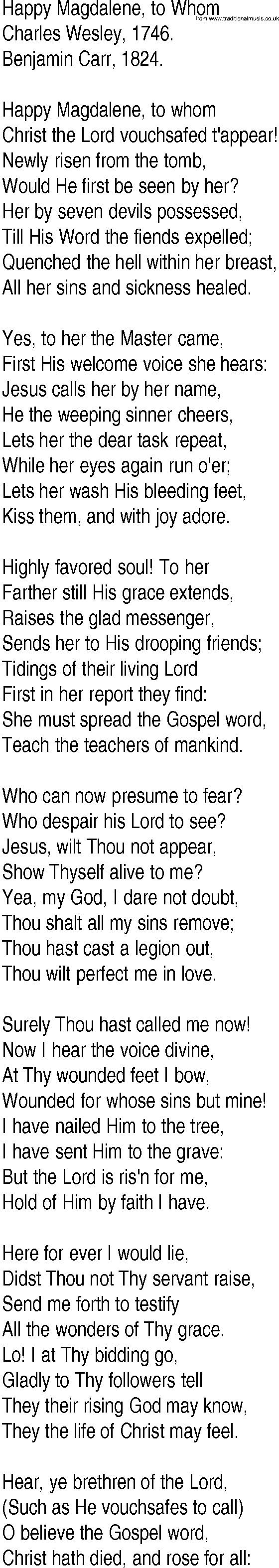 Hymn and Gospel Song: Happy Magdalene, to Whom by Charles Wesley lyrics