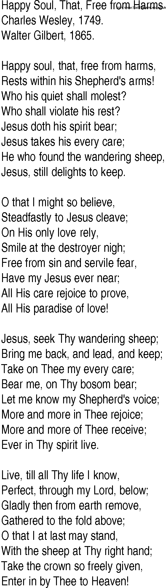 Hymn and Gospel Song: Happy Soul, That, Free from Harms by Charles Wesley lyrics