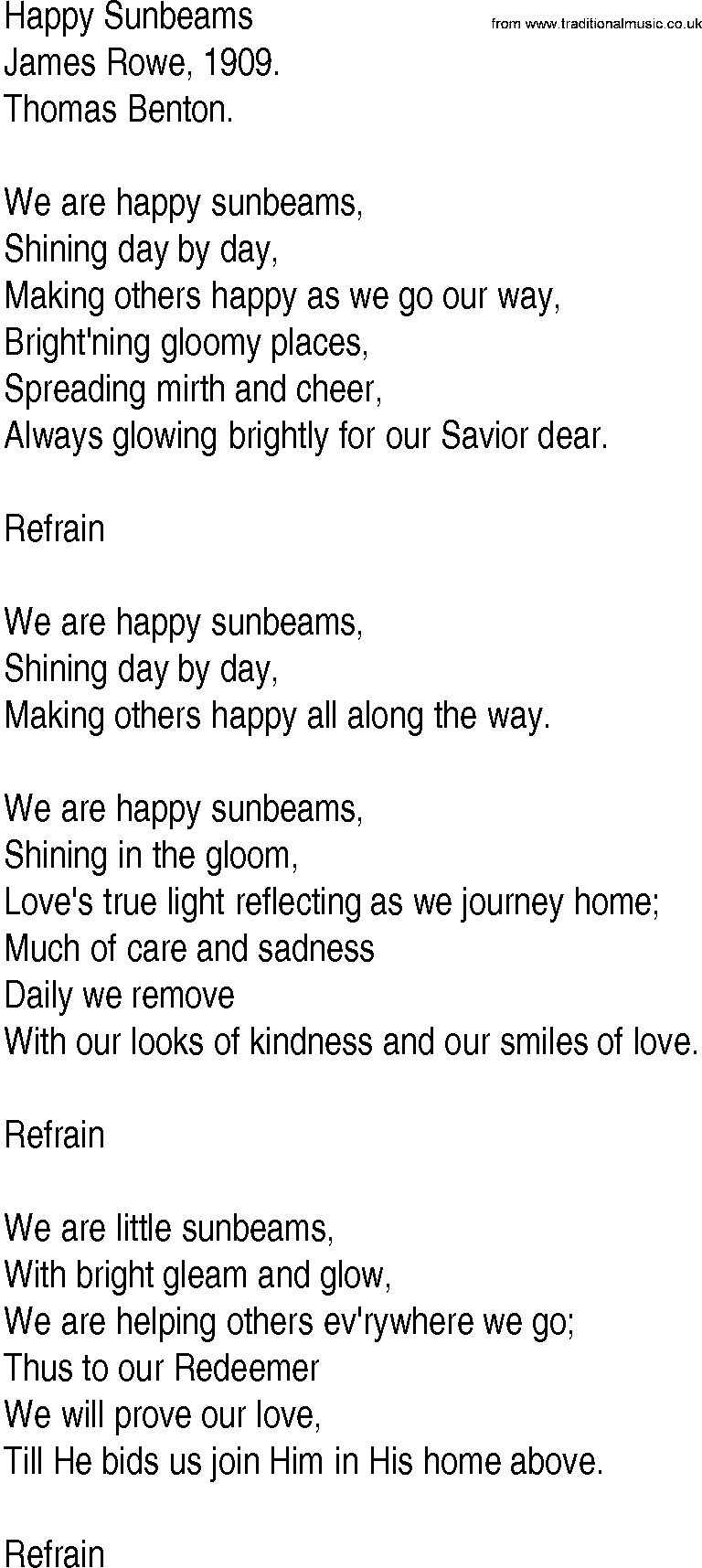 Hymn and Gospel Song: Happy Sunbeams by James Rowe lyrics