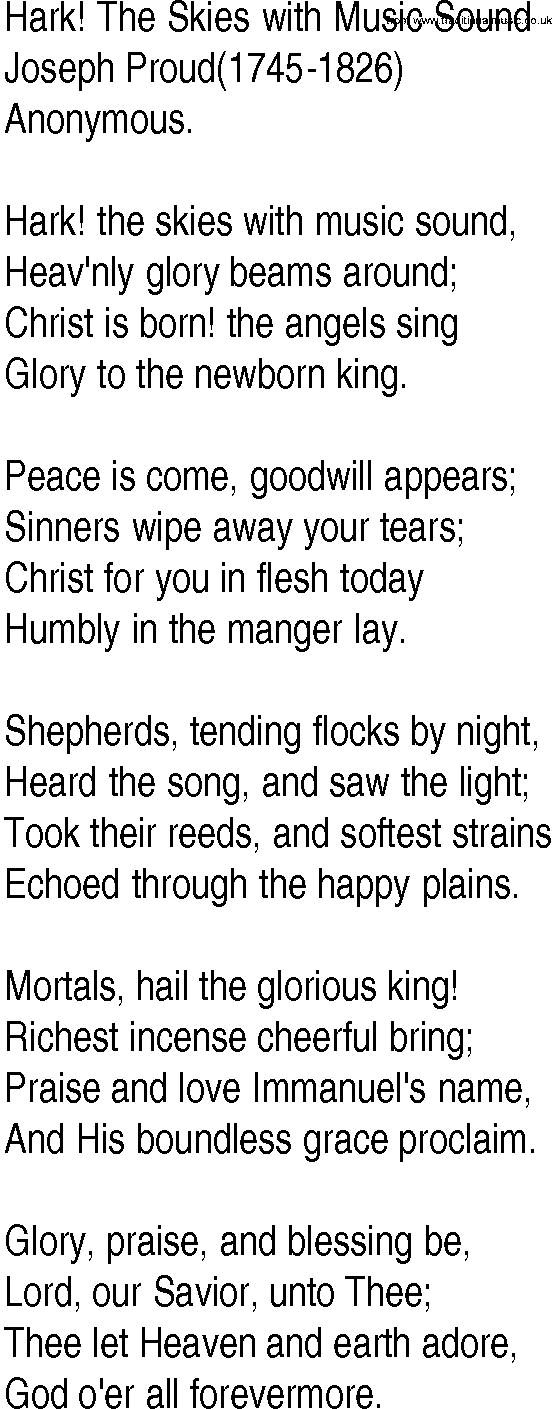Hymn and Gospel Song: Hark! The Skies with Music Sound by Joseph Proud lyrics
