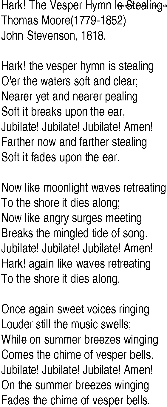 Hymn and Gospel Song: Hark! The Vesper Hymn Is Stealing by Thomas Moore lyrics