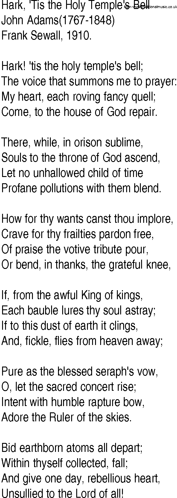Hymn and Gospel Song: Hark, 'Tis the Holy Temple's Bell by John Adams lyrics