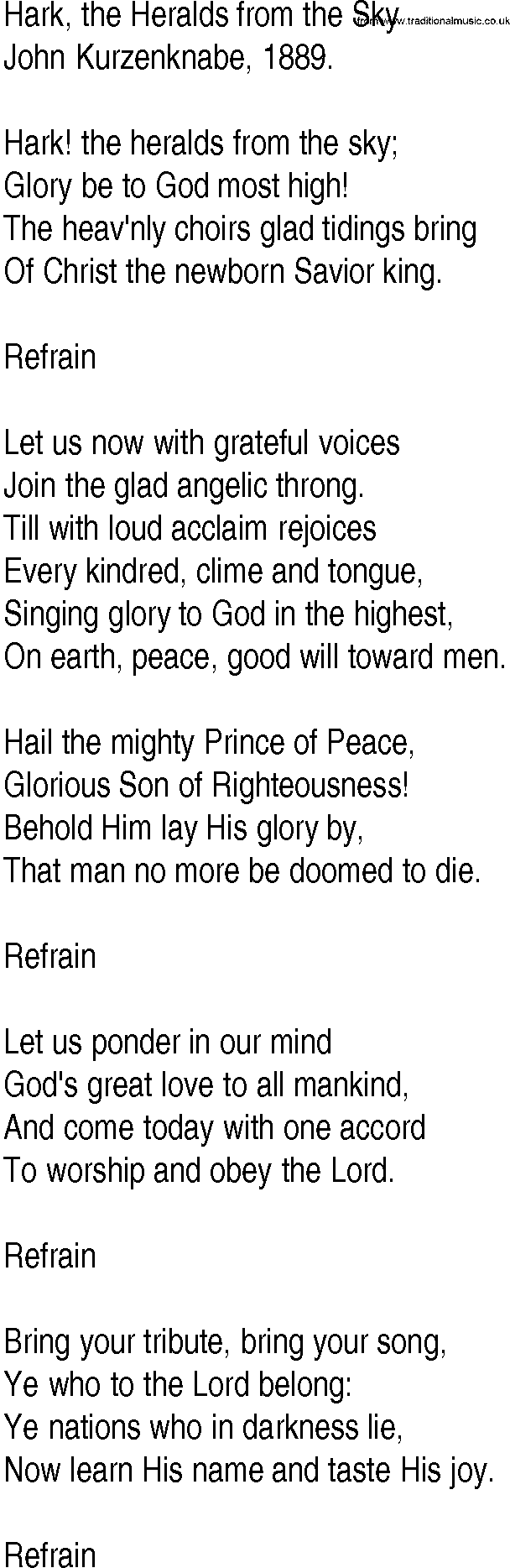 Hymn and Gospel Song: Hark, the Heralds from the Sky by John Kurzenknabe lyrics