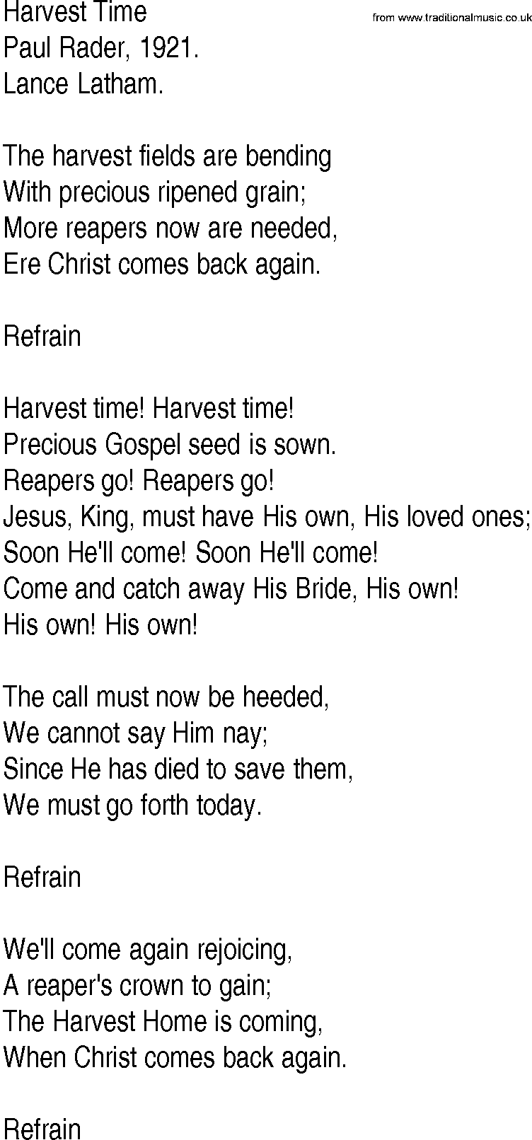 Hymn and Gospel Song: Harvest Time by Paul Rader lyrics
