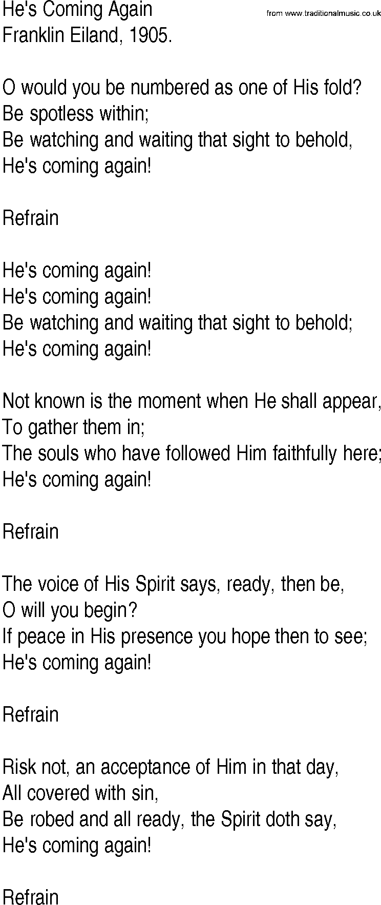 Hymn and Gospel Song: He's Coming Again by Franklin Eiland lyrics