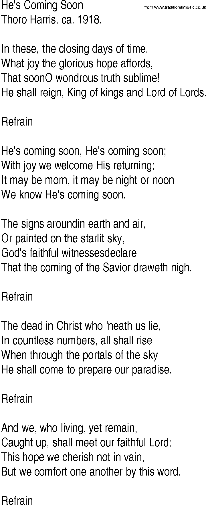 Hymn and Gospel Song: He's Coming Soon by Thoro Harris lyrics