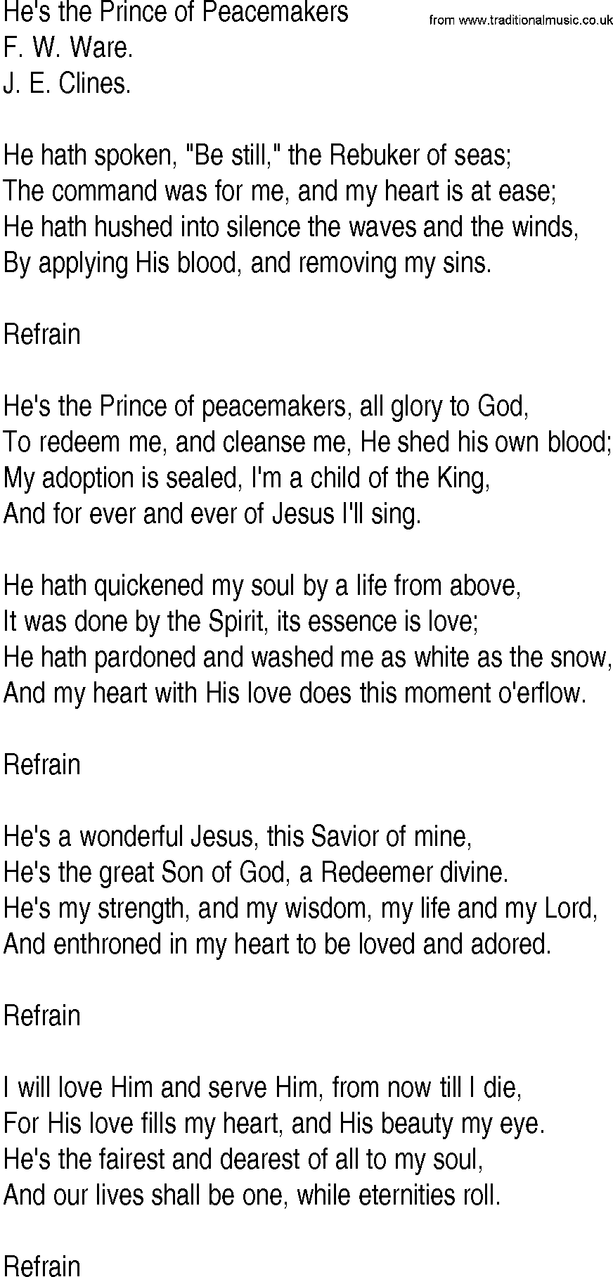 Hymn and Gospel Song: He's the Prince of Peacemakers by F W Ware lyrics