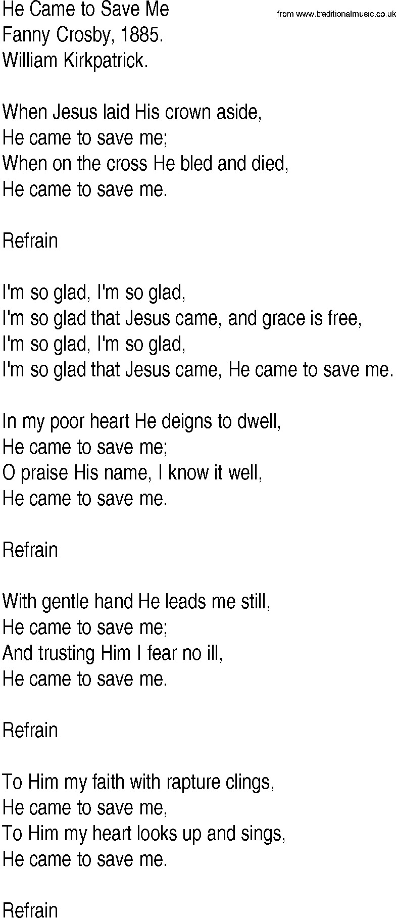 Hymn and Gospel Song: He Came to Save Me by Fanny Crosby lyrics