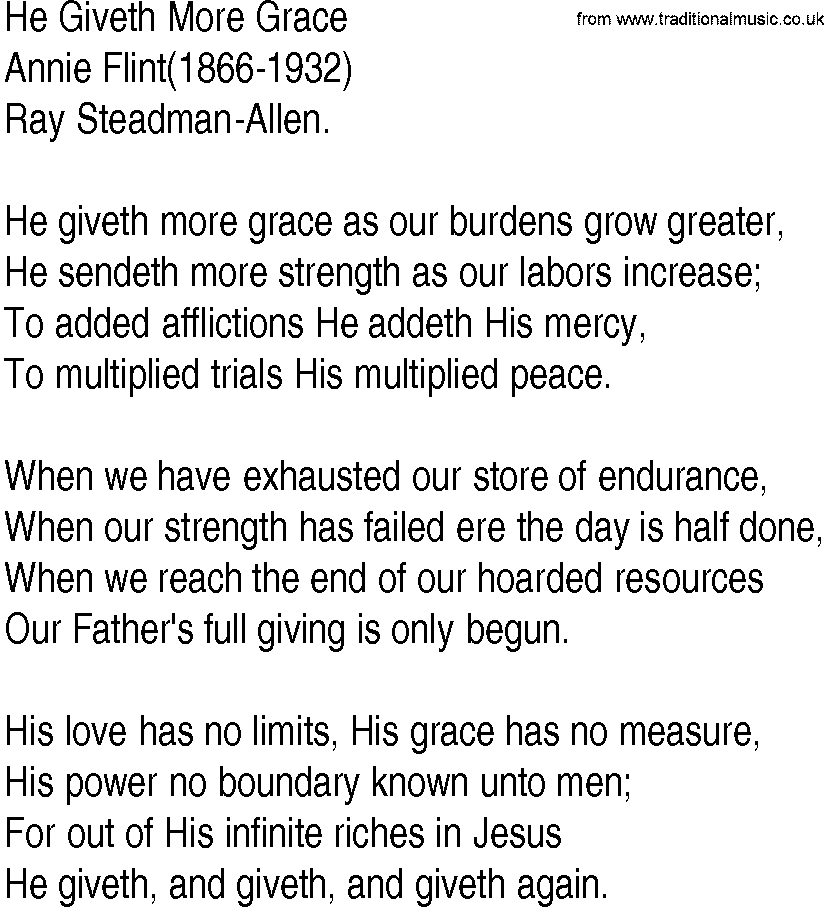 Hymn and Gospel Song: He Giveth More Grace by Annie Flint lyrics