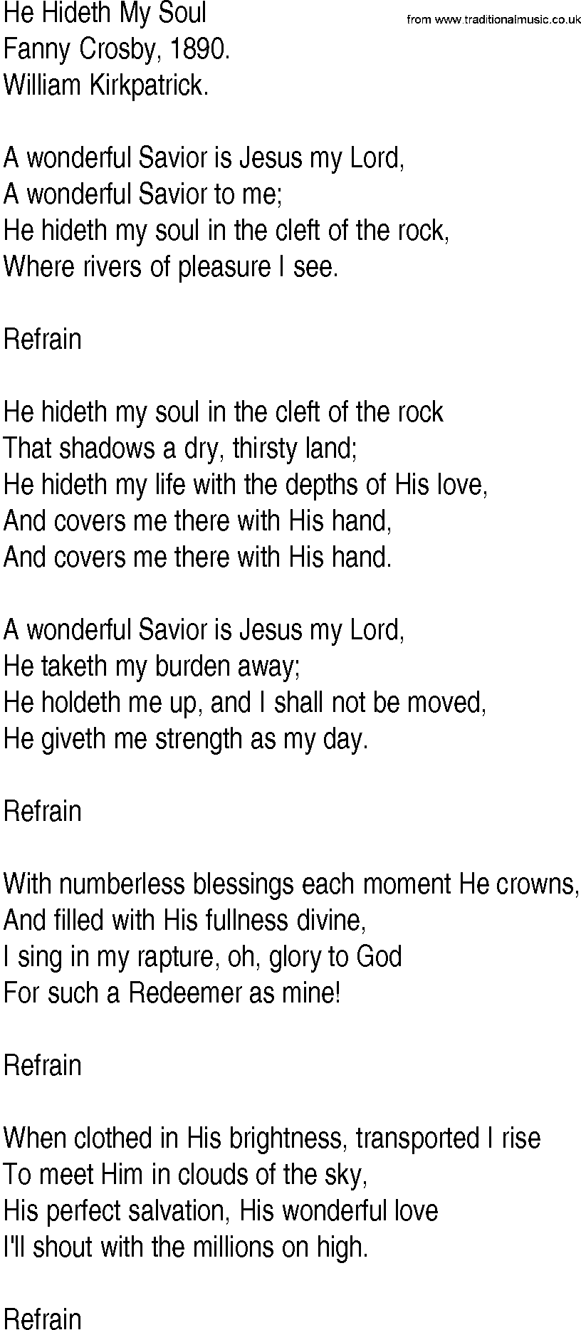 Hymn and Gospel Song: He Hideth My Soul by Fanny Crosby lyrics