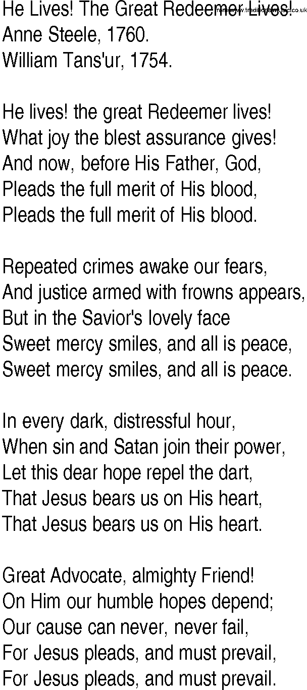 Hymn and Gospel Song: He Lives! The Great Redeemer Lives! by Anne Steele lyrics