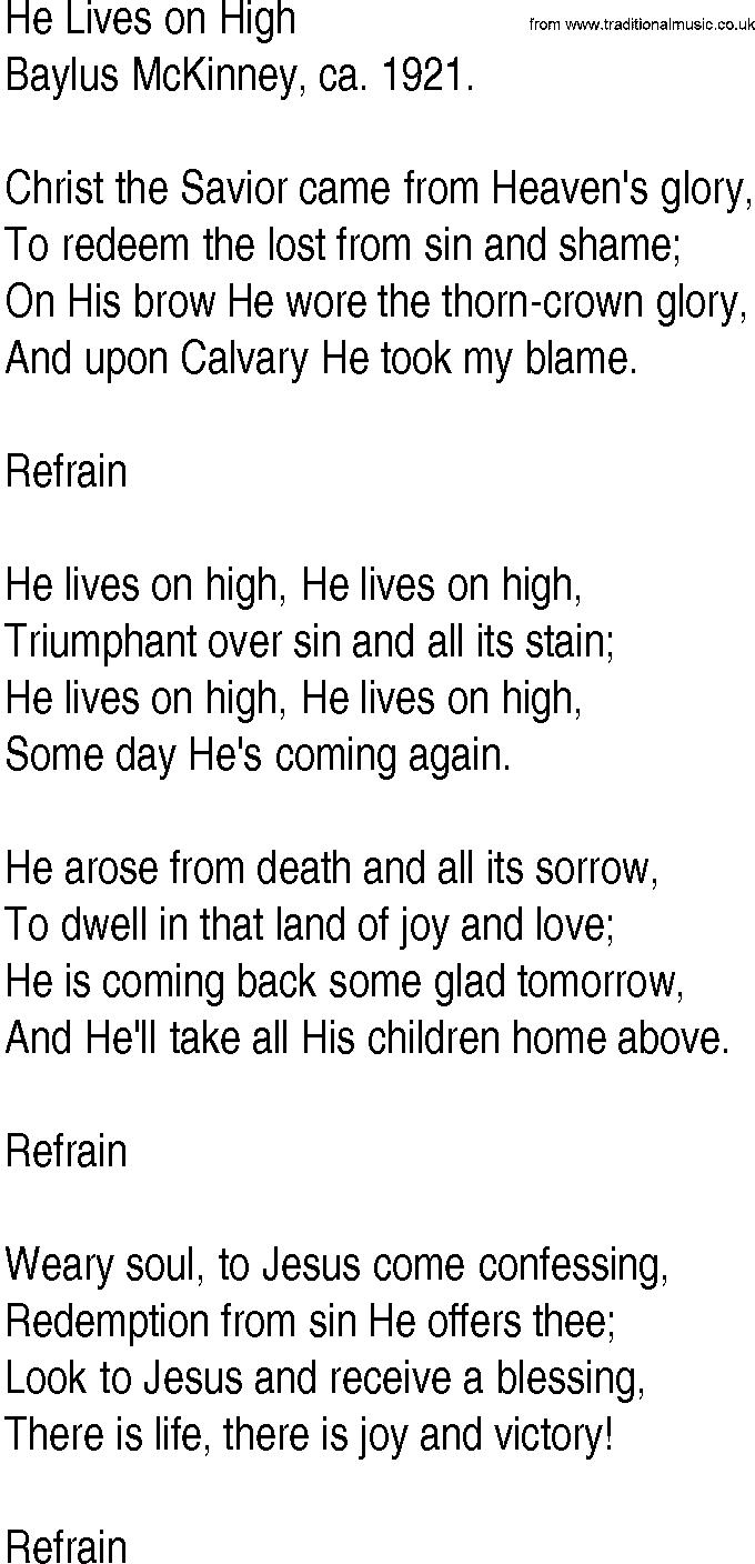 Hymn and Gospel Song: He Lives on High by Baylus McKinney ca lyrics