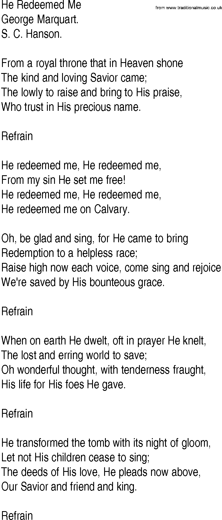 Hymn and Gospel Song: He Redeemed Me by George Marquart lyrics