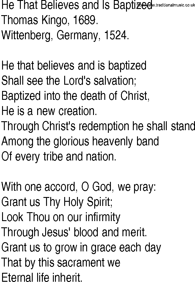 Hymn and Gospel Song: He That Believes and Is Baptized by Thomas Kingo lyrics
