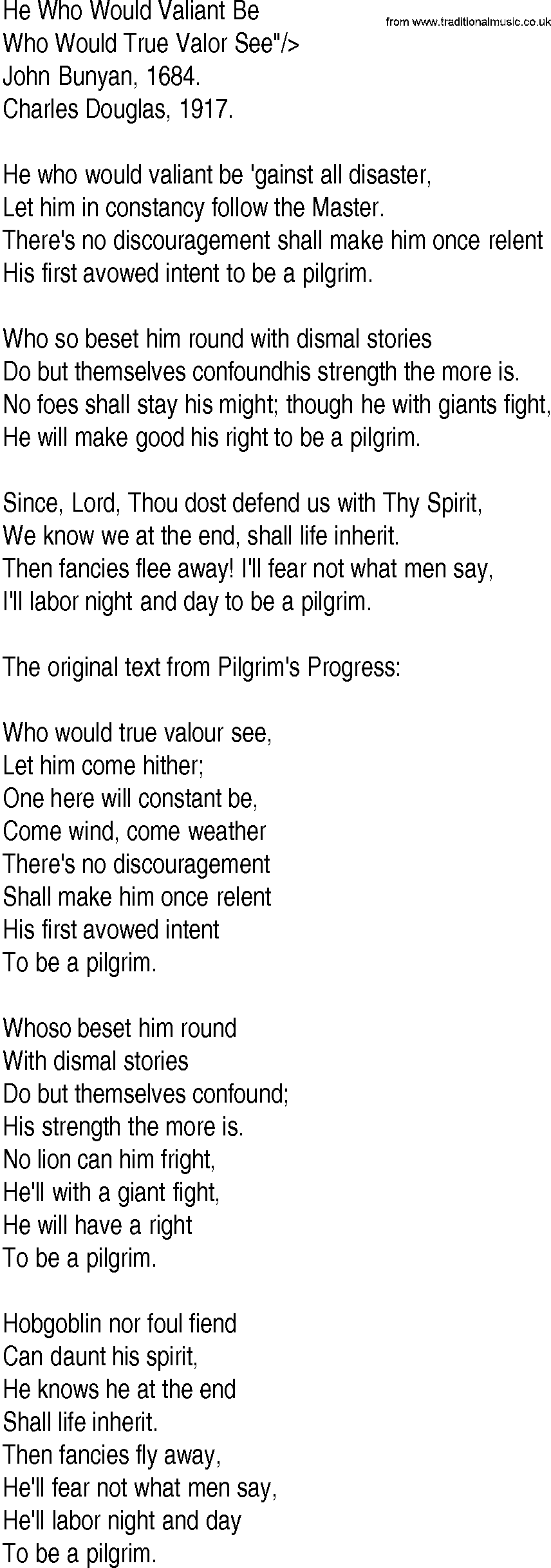 Hymn and Gospel Song: He Who Would Valiant Be by John Bunyan lyrics