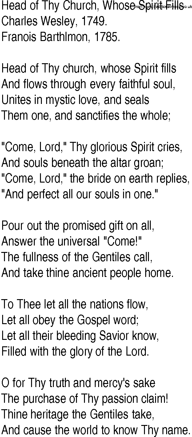 Hymn and Gospel Song: Head of Thy Church, Whose Spirit Fills by Charles Wesley lyrics