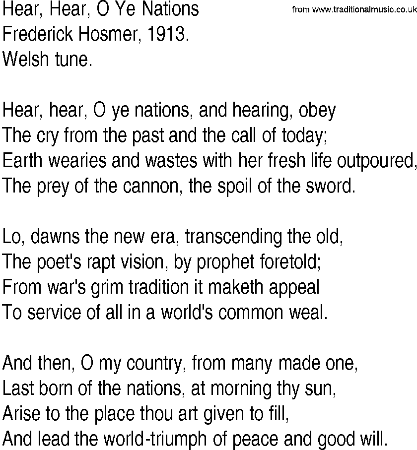 Hymn and Gospel Song: Hear, Hear, O Ye Nations by Frederick Hosmer lyrics