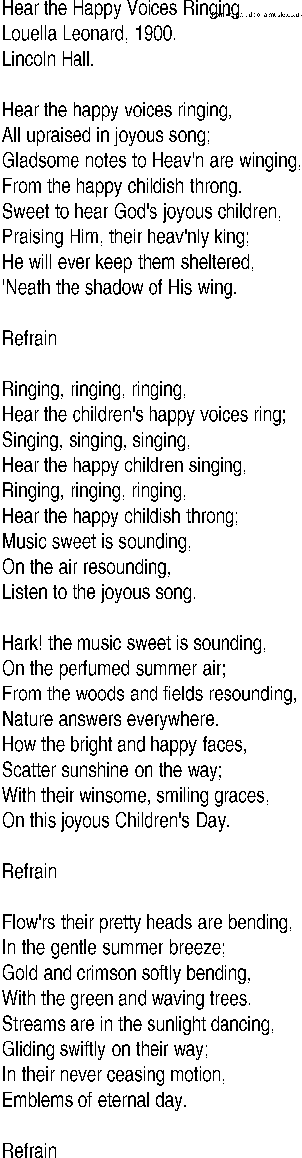 Hymn and Gospel Song: Hear the Happy Voices Ringing by Louella Leonard lyrics