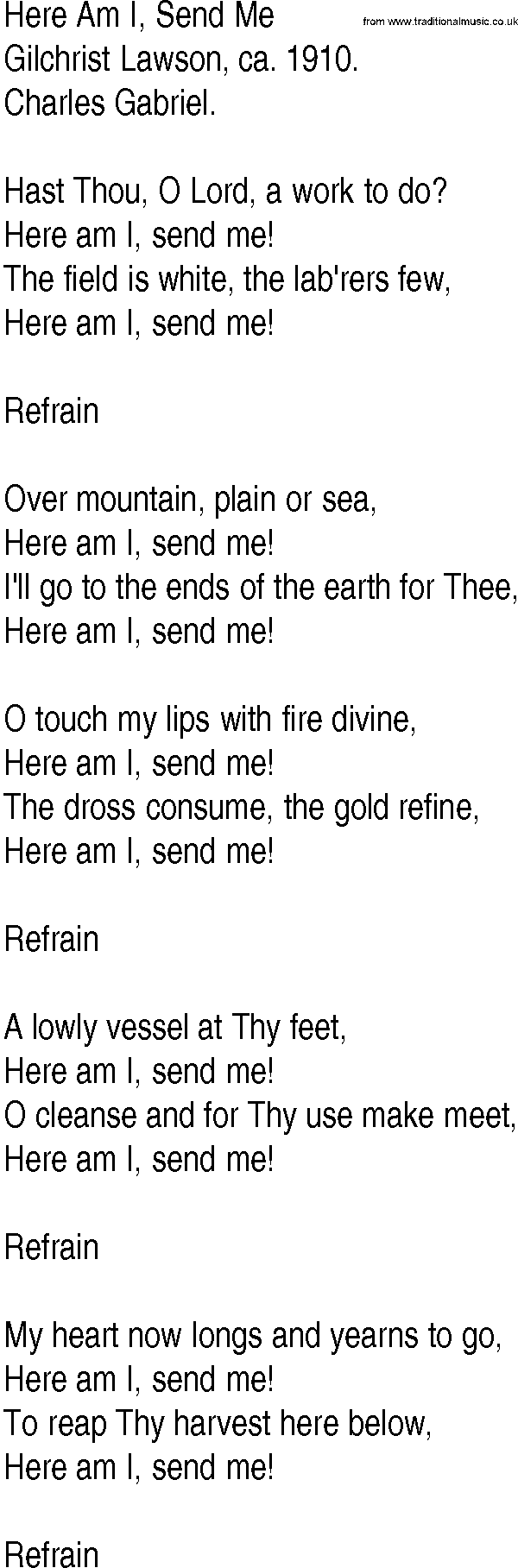 Hymn and Gospel Song: Here Am I, Send Me by Gilchrist Lawson lyrics