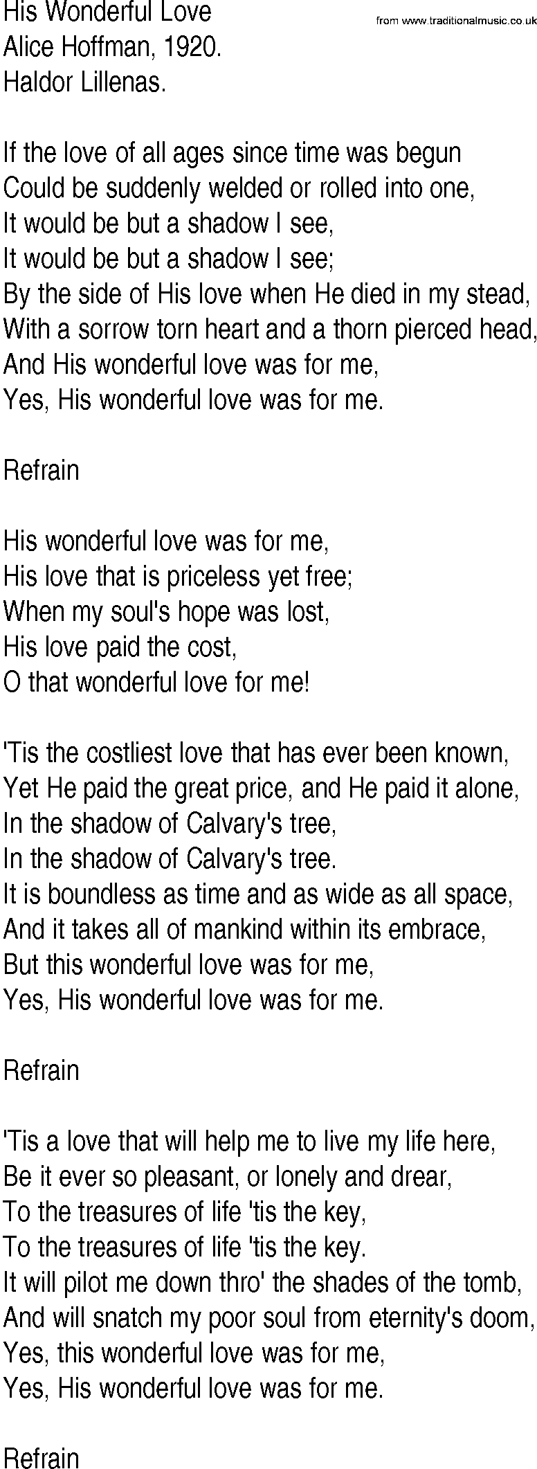 Hymn and Gospel Song: His Wonderful Love by Alice Hoffman lyrics