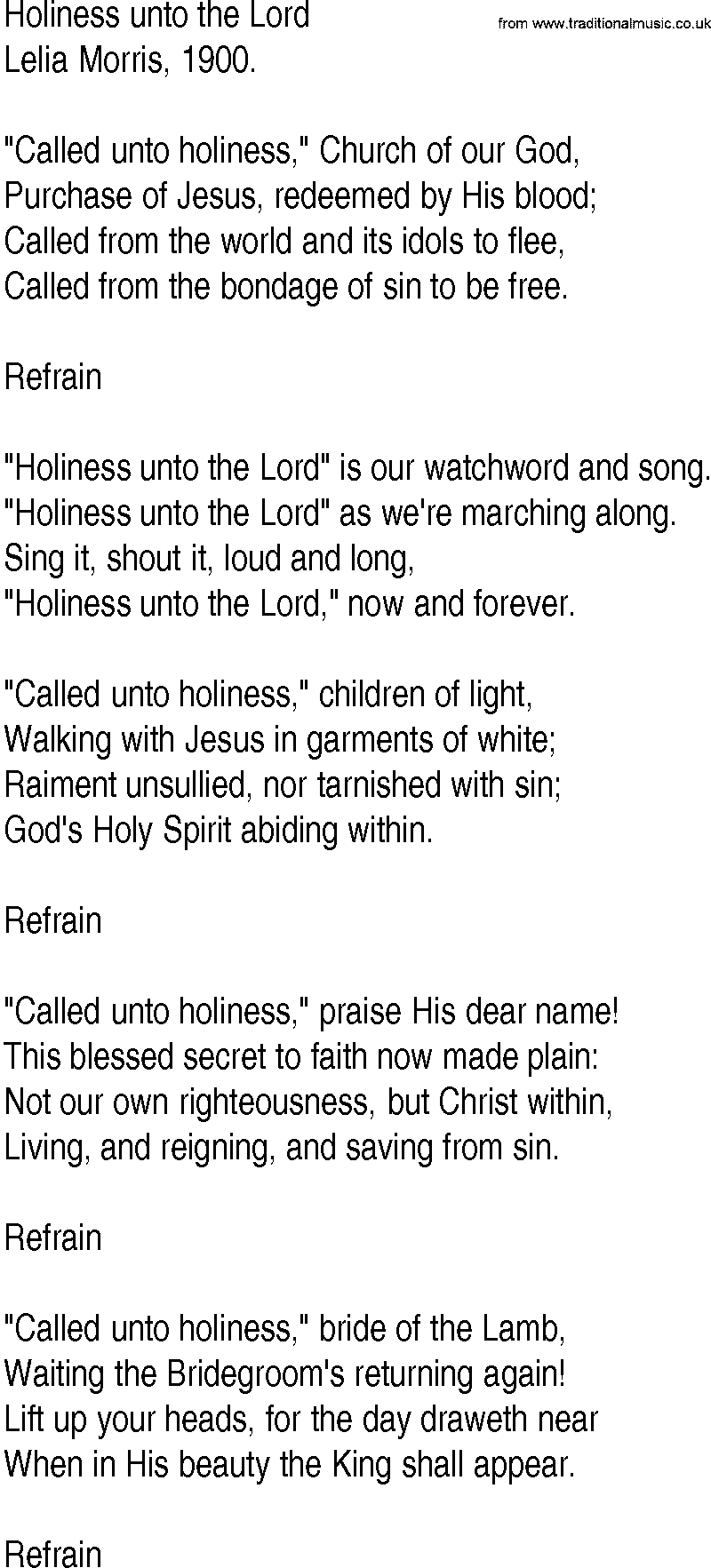 Hymn and Gospel Song: Holiness unto the Lord by Lelia Morris lyrics