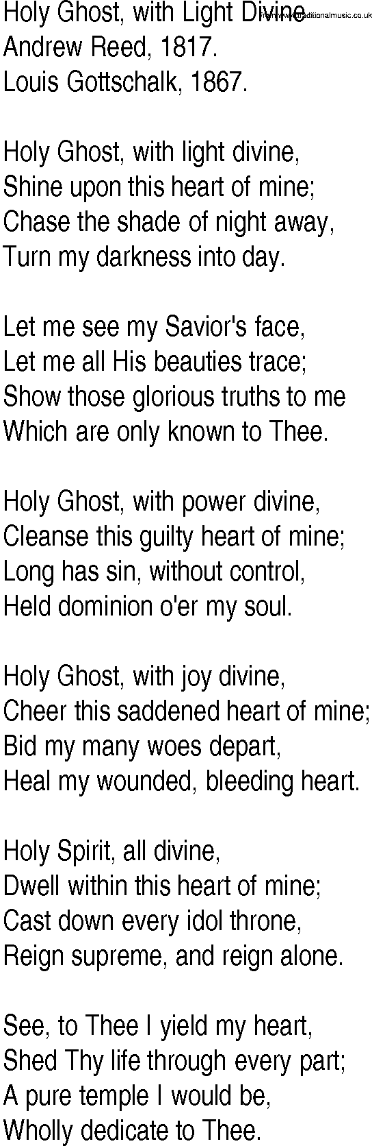 Hymn and Gospel Song: Holy Ghost, with Light Divine by Andrew Reed lyrics