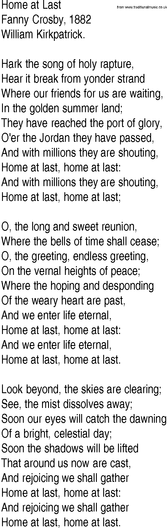 Hymn and Gospel Song: Home at Last by Fanny Crosby lyrics