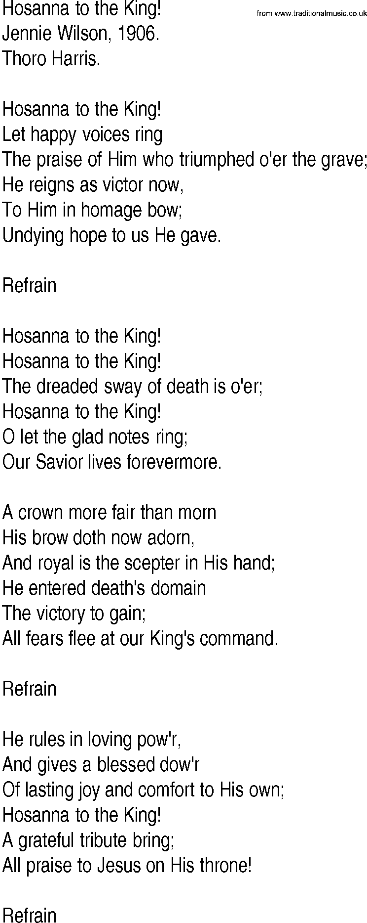 Hymn and Gospel Song: Hosanna to the King! by Jennie Wilson lyrics