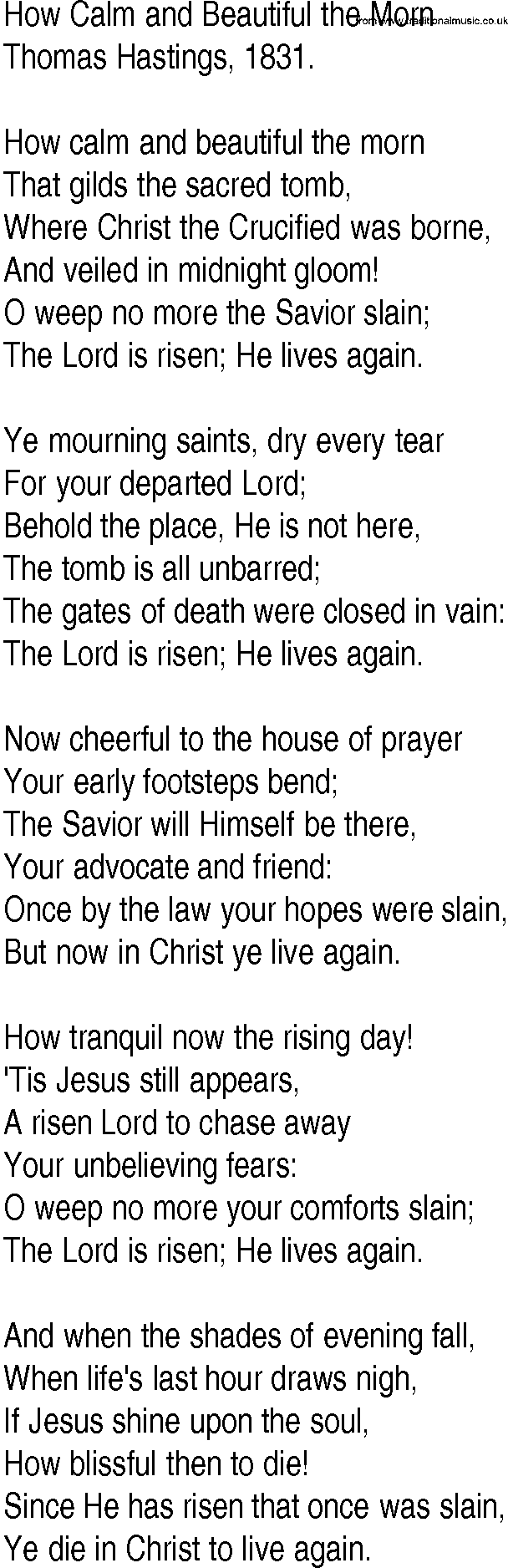 Hymn and Gospel Song: How Calm and Beautiful the Morn by Thomas Hastings lyrics