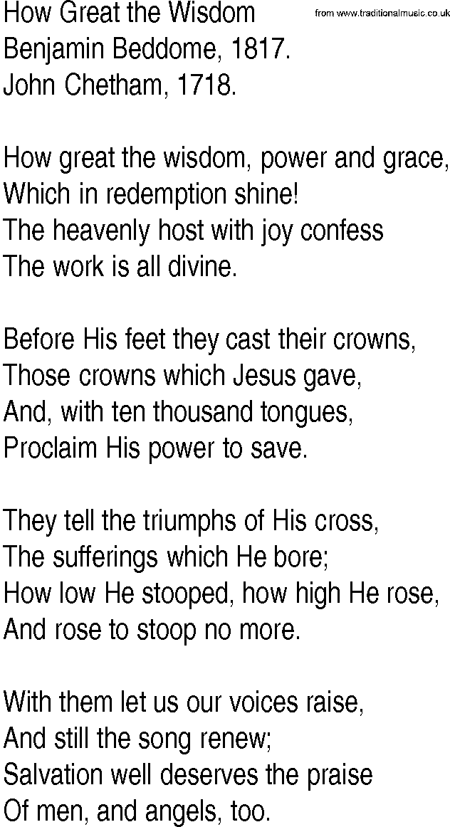 Hymn and Gospel Song: How Great the Wisdom by Benjamin Beddome lyrics