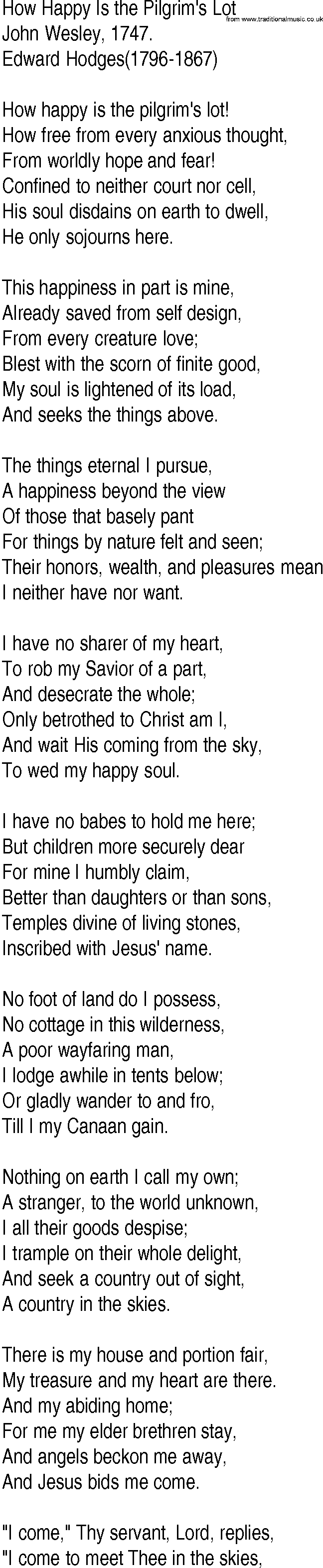 Hymn and Gospel Song: How Happy Is the Pilgrim's Lot by John Wesley lyrics