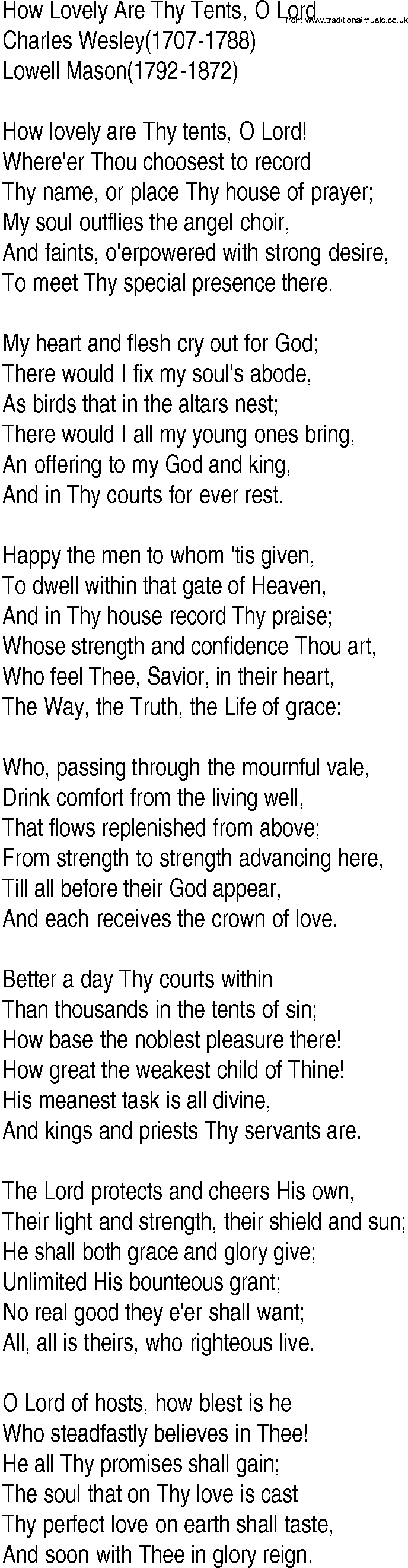 Hymn and Gospel Song Lyrics for How Lovely Are Thy Tents, O Lord by ...