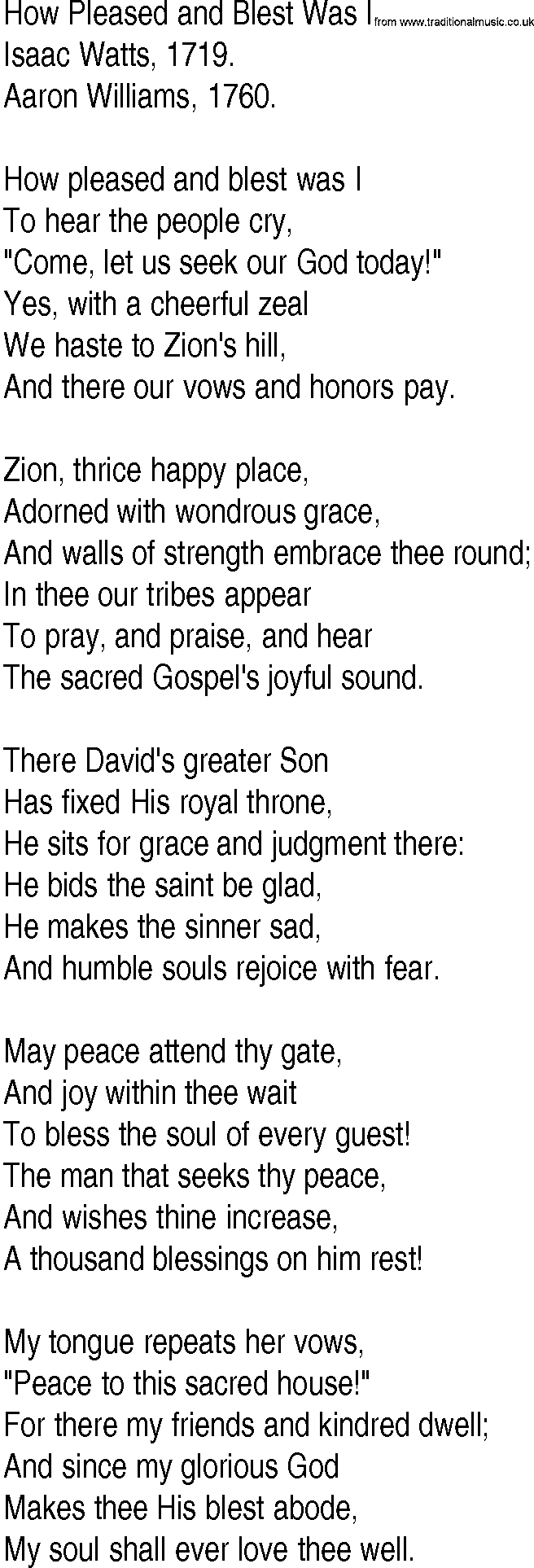 Hymn and Gospel Song: How Pleased and Blest Was I by Isaac Watts lyrics