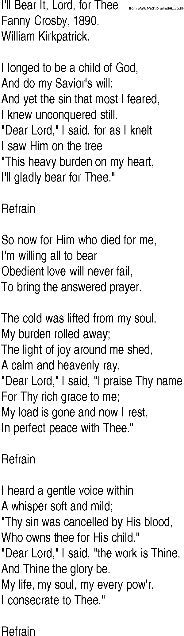 Hymn and Gospel Song: I'll Bear It, Lord, for Thee by Fanny Crosby lyrics