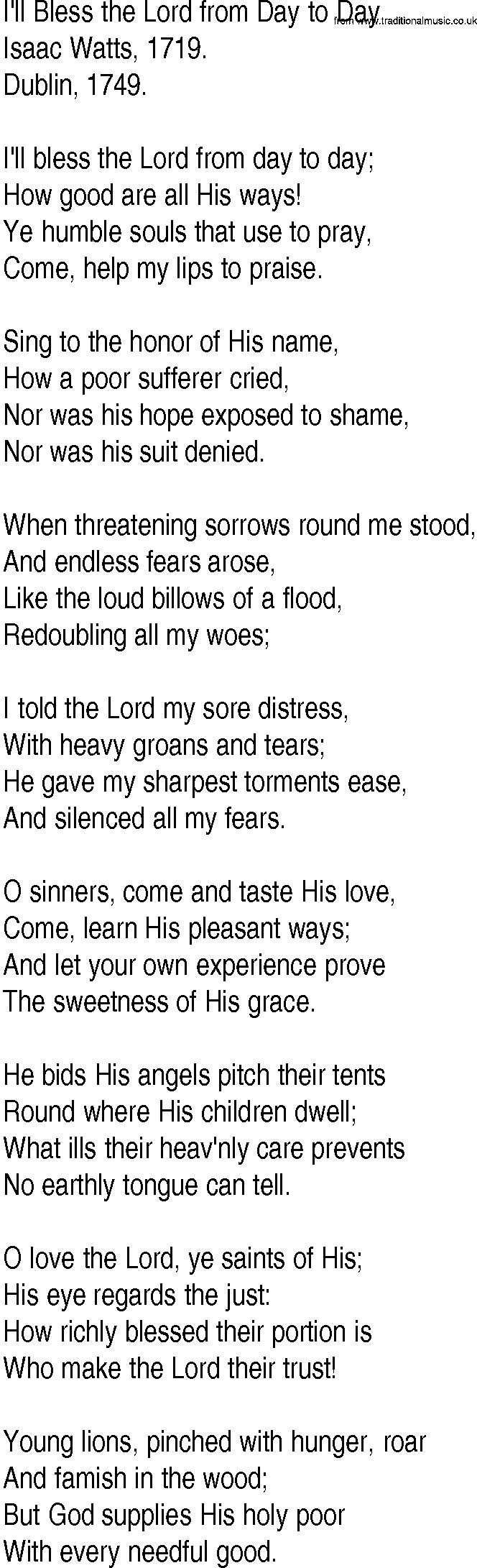 Hymn and Gospel Song: I'll Bless the Lord from Day to Day by Isaac Watts lyrics