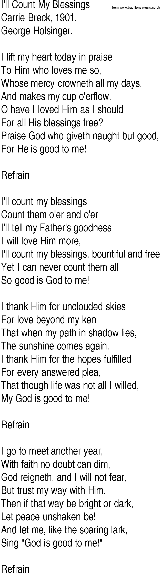Hymn and Gospel Song: I'll Count My Blessings by Carrie Breck lyrics