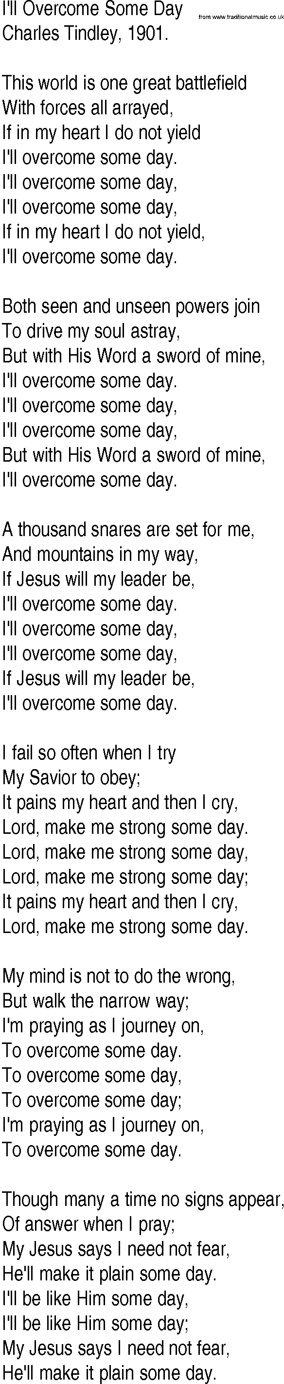 Hymn and Gospel Song: I'll Overcome Some Day by Charles Tindley lyrics