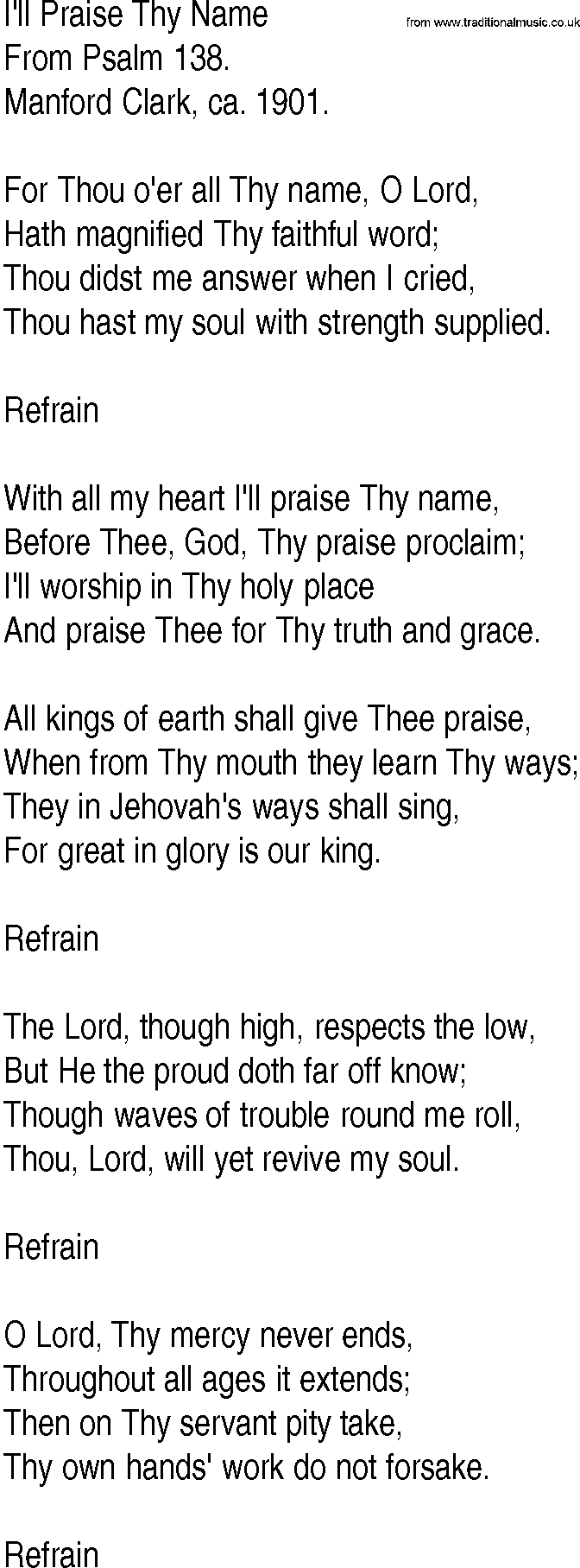 Hymn and Gospel Song: I'll Praise Thy Name by From Psalm lyrics